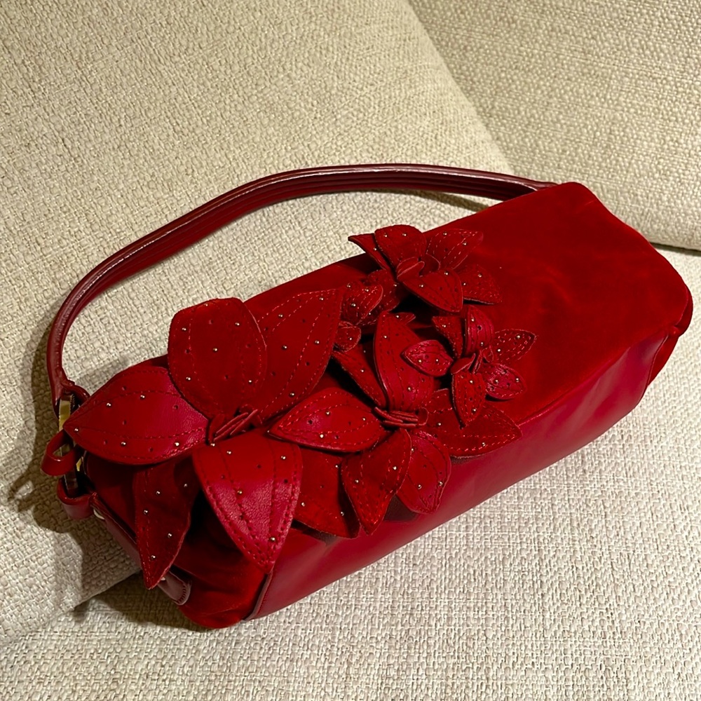 Red genuine suede leather barrel purse